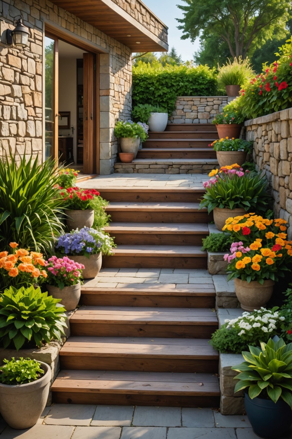 Wooden Steps with Built-in Planters