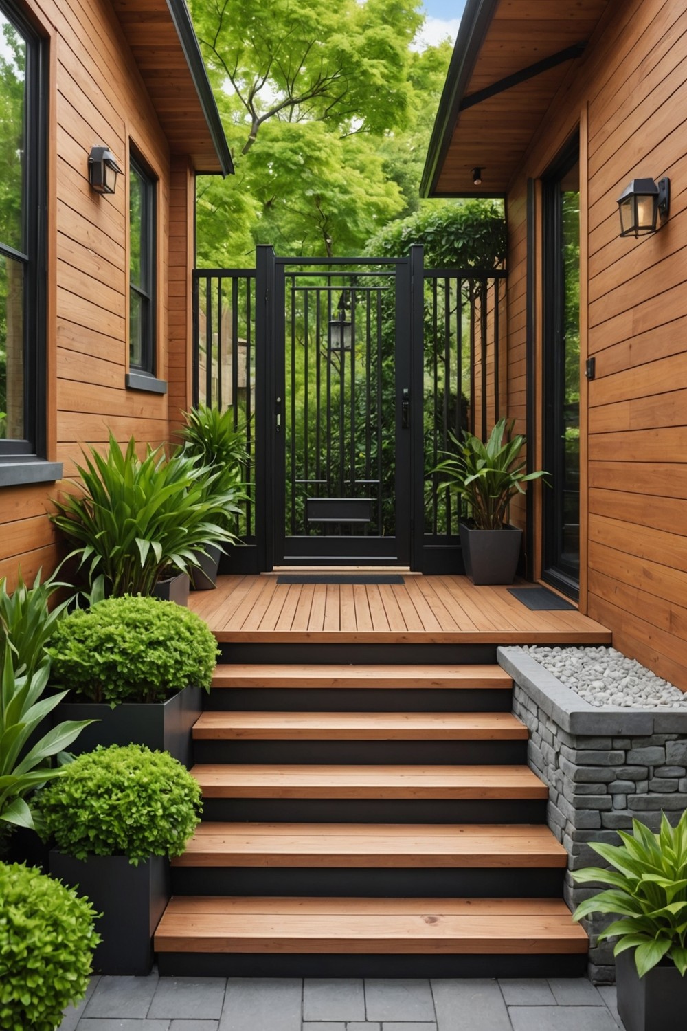 Wooden Steps with Decorative Metal Railings