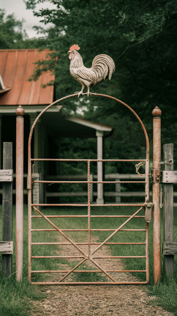 Farm-Inspired Metal Gate with Rooster Decor