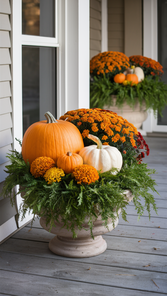 Planters with Pumpkins and Mums