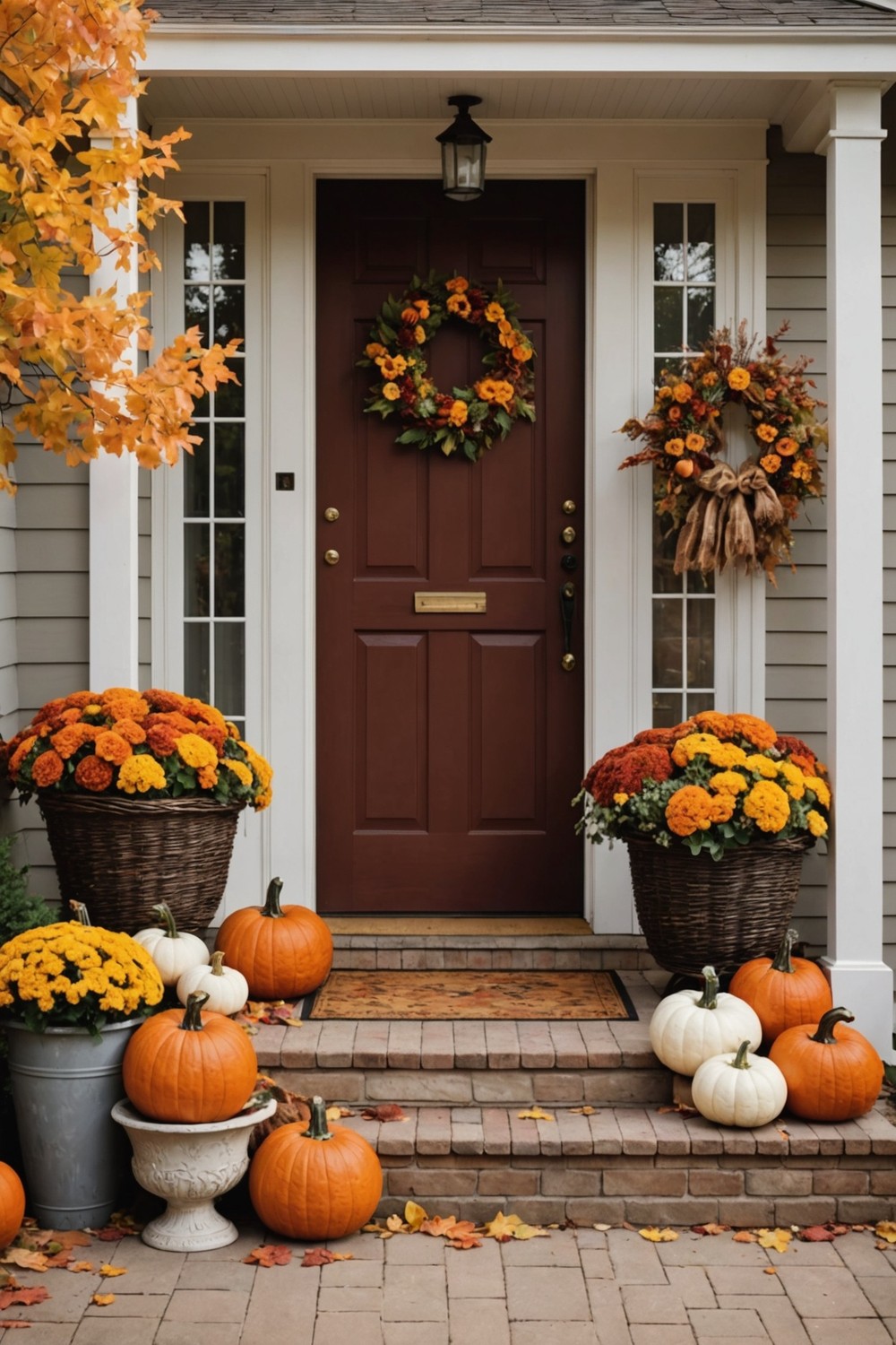 Basketweave Planters with Fall Decorations and Pillows