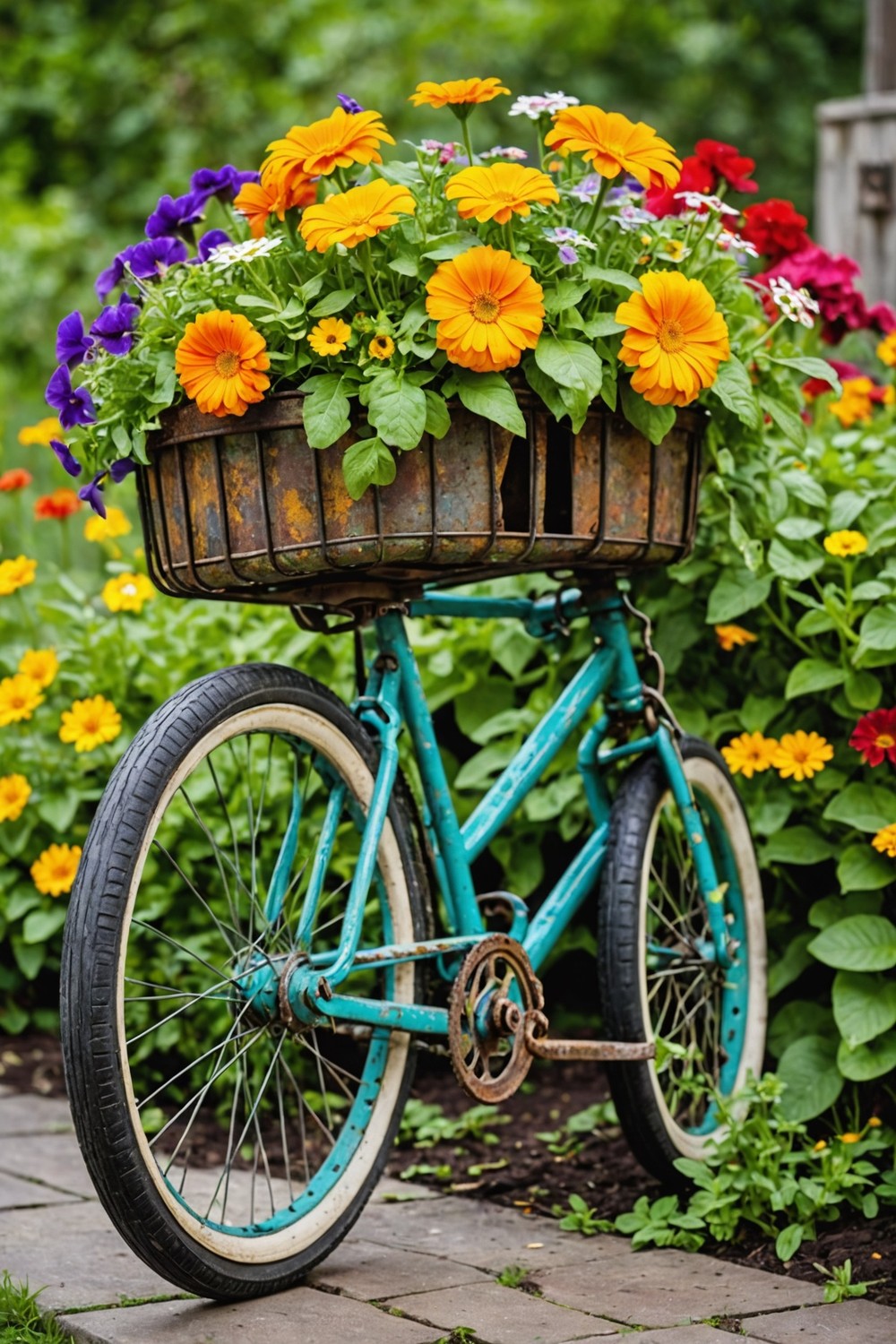 Bicycle Planters with Blooming Flowers