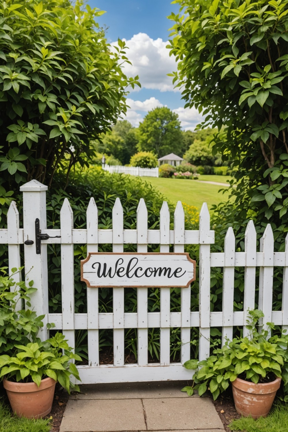 Charming Picket Fence Gate with a Welcoming Sign