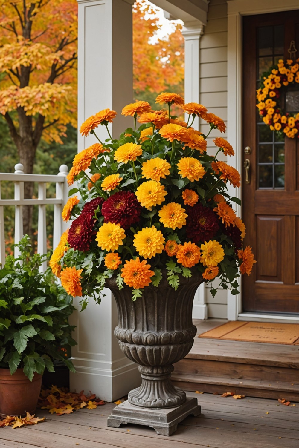 Classic urn Planters with Fall Flowers and Branches