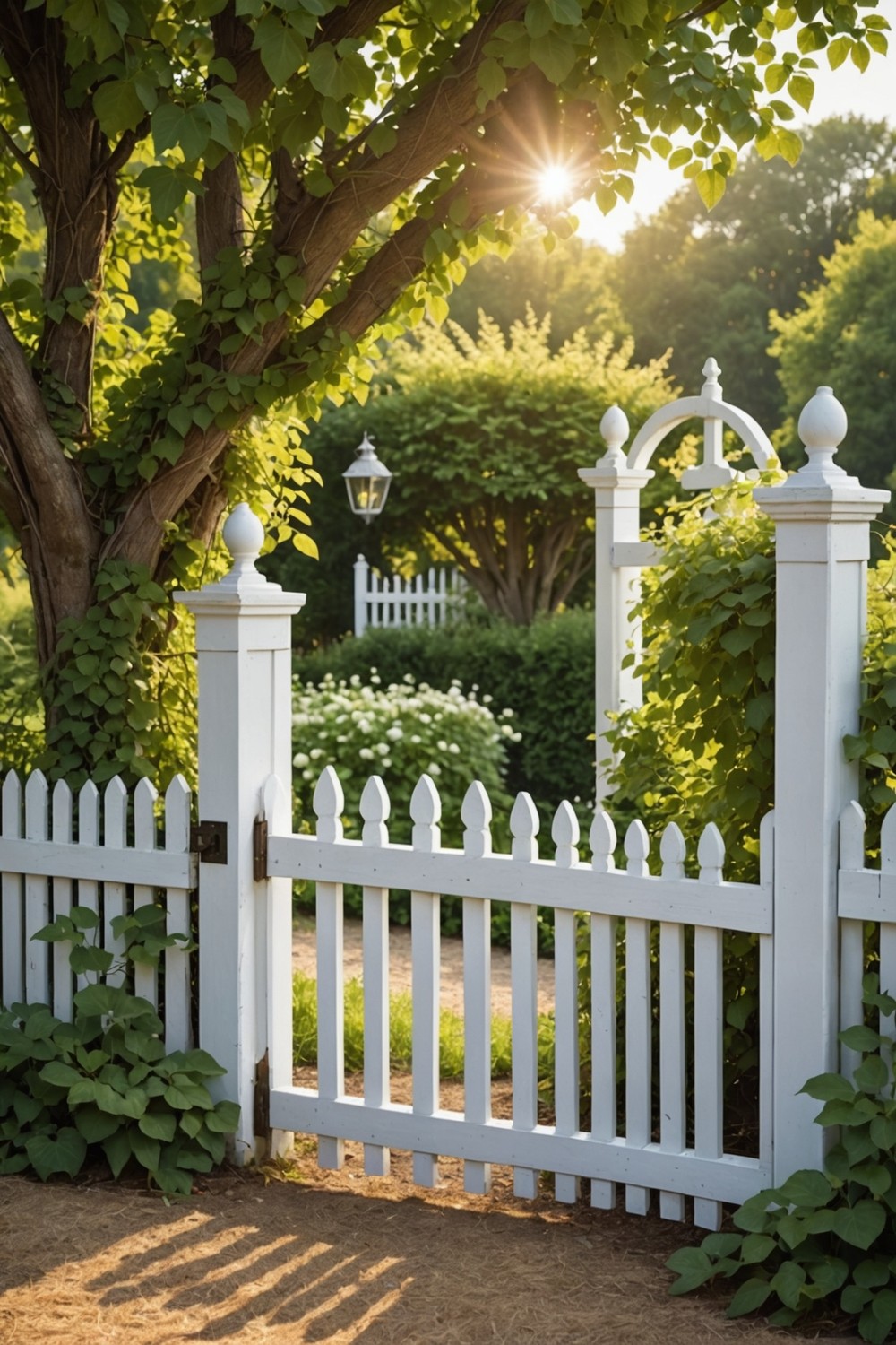 Classic White Picket Fence Gate with Climbing Vines