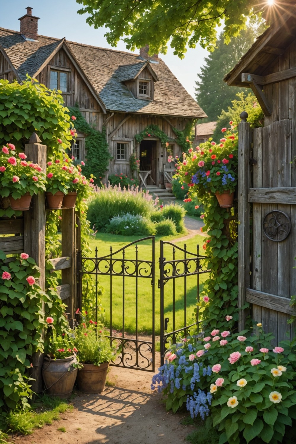 Country-Style Gate with Flanking Planters