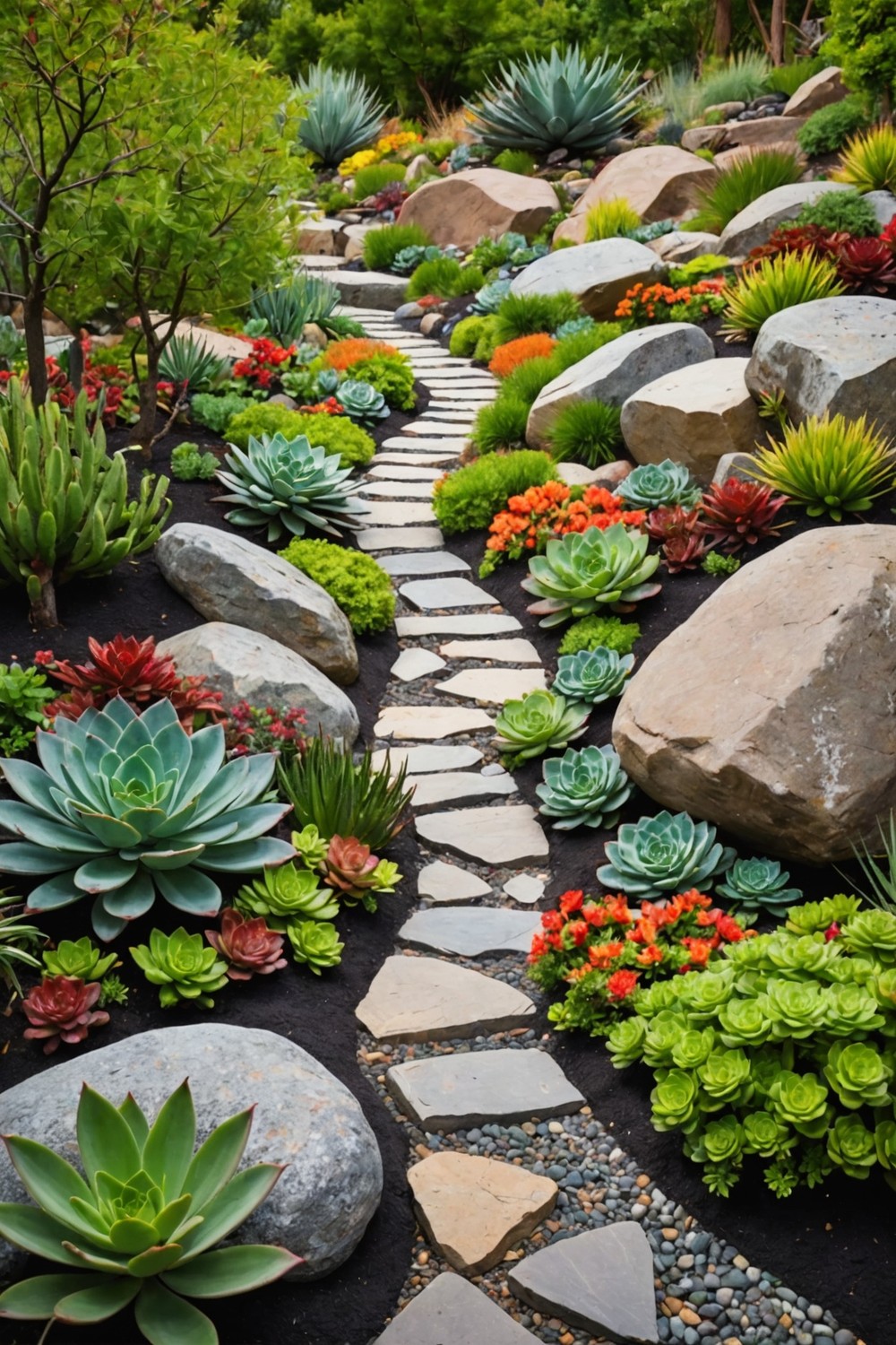 Design a Boulder Path with Succulent Arrangements