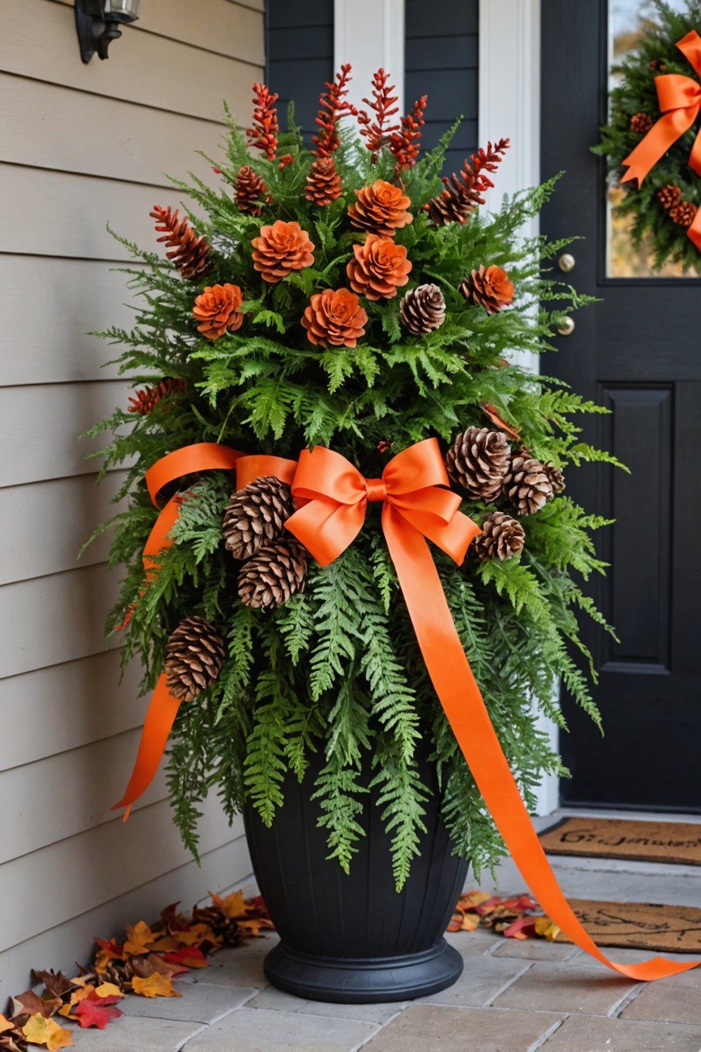 Fall-themed Planter Ideas with Pinecones and Ribbon