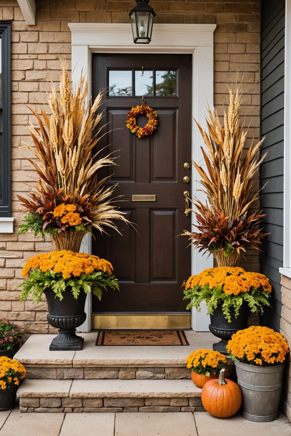 Fall Foliage Planters with Dried Corn and Wheat