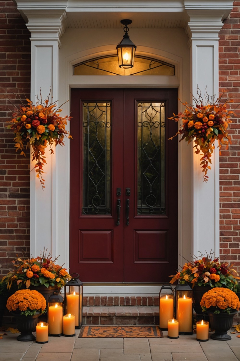 Lantern Planters with Candles and Fall Foliage