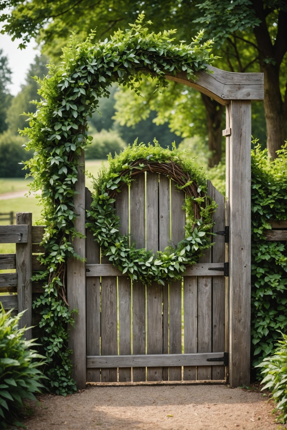 Rustic Wooden Gate with Live Wreath Decorations