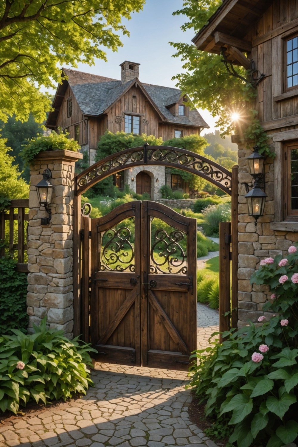 Rustic Wooden Gates with Twisted Metal Accents