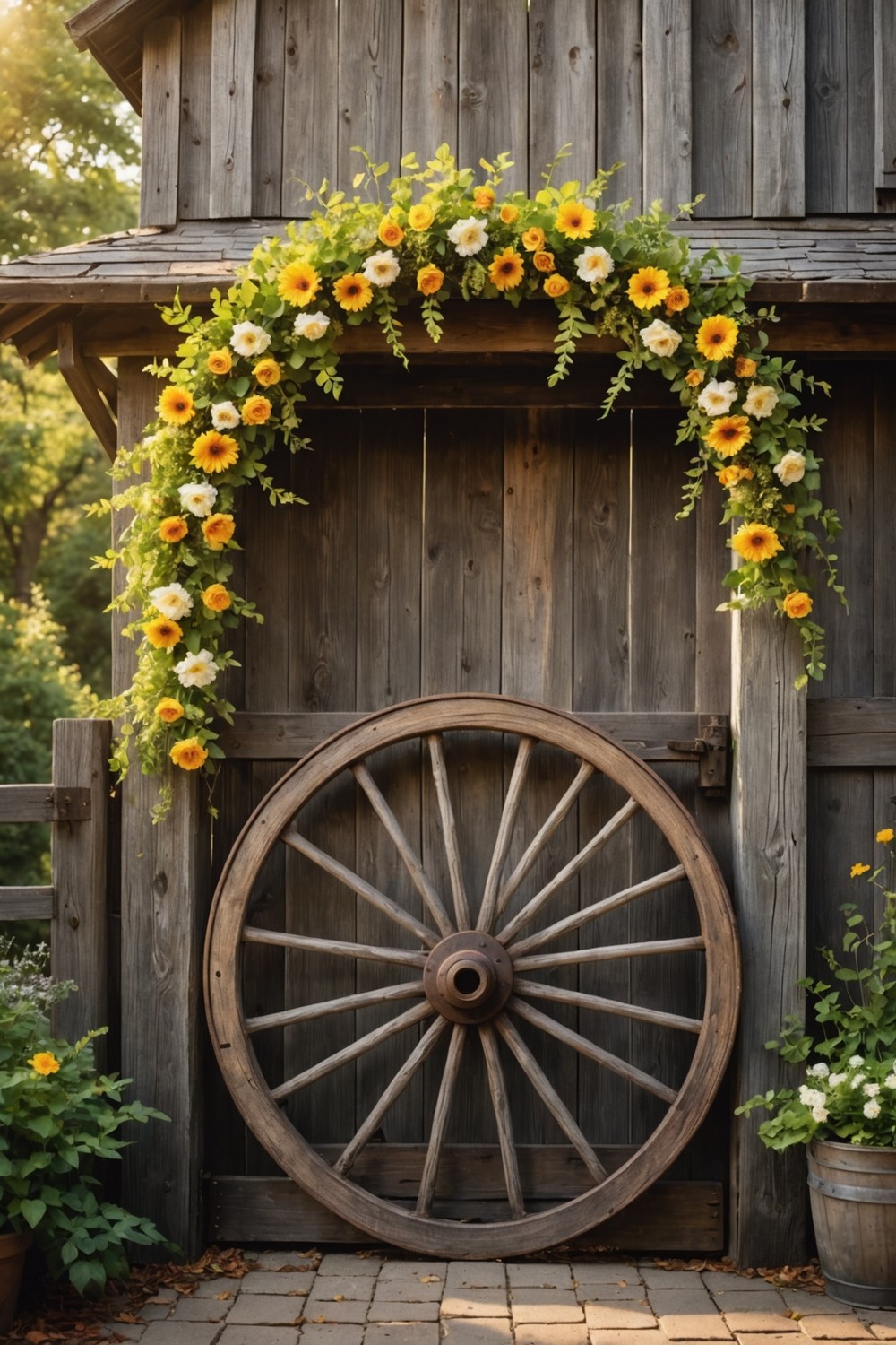 Vintage Wagon Wheel Gate with Floral Garland