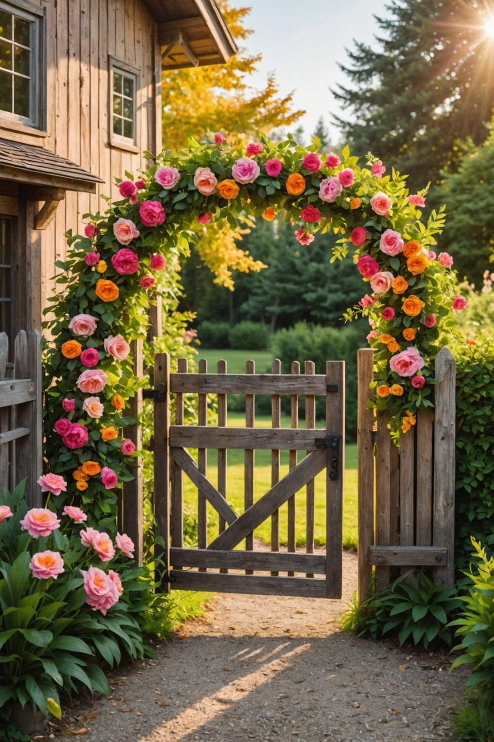 Whimsical Wooden Gate with Floral Wreaths