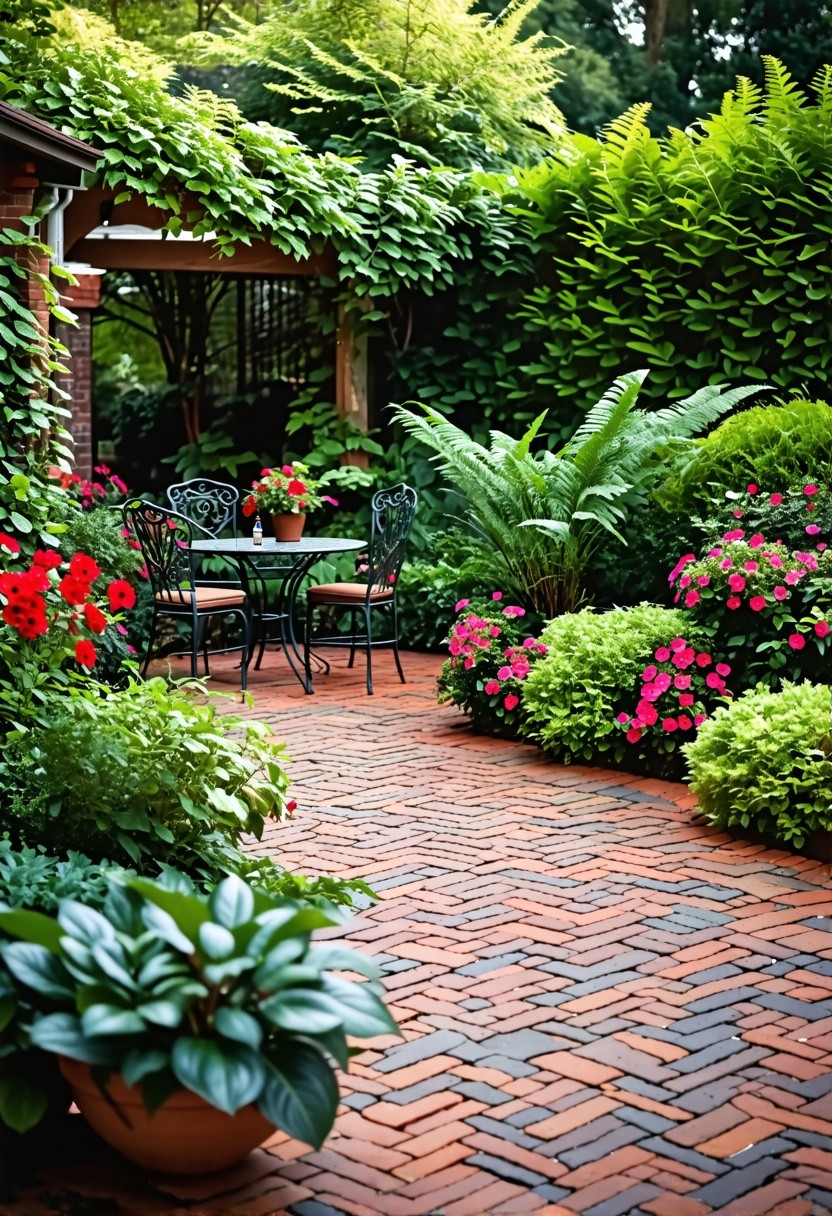 Brick Patio Surrounded by Lush Landscaping