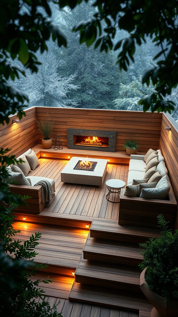 Multi-layered Deck with Built-in Outdoor Fireplace