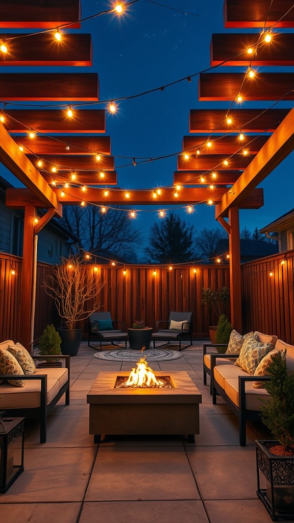 Pergola with Hanging String Lights Over a Fire Setup