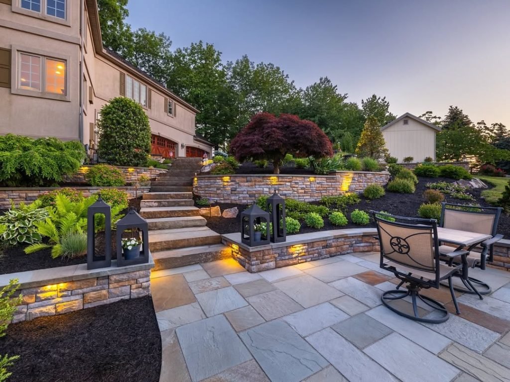 Elegant Illuminated Stone Patio